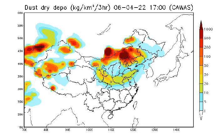 황사발생과 이동에 따른 지역별 건식 침착량 예측자료