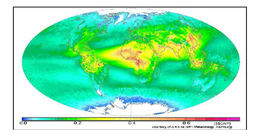 세계기상기구에서 제공하는 지구의 에어로졸 분포도