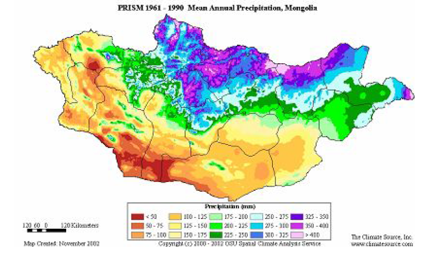 몽골의 연평균 강수량