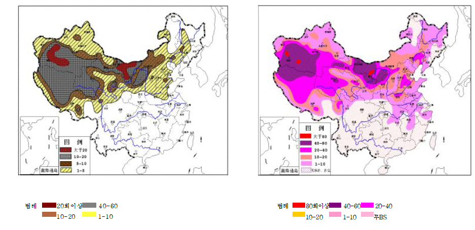 중국 모래먼지폭풍(좌)/모래비산(우)연평균 발생일수 분포도