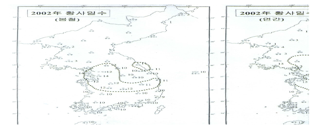 2002년 남북한의 황사 발생일수 현황 비교
