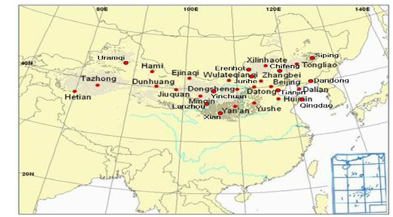 중국 기상국 PM10관측망 위치