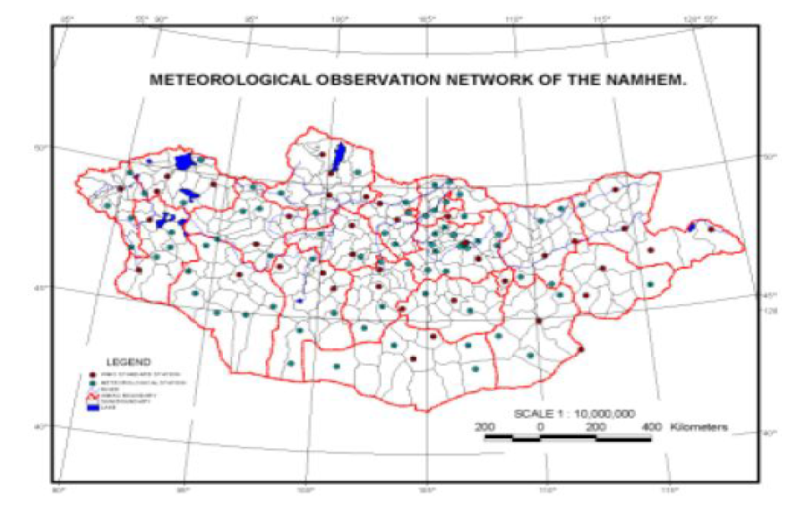 몽골 자원환경부 기상수환경모니터링(NAMHEM)의 관측소 위치