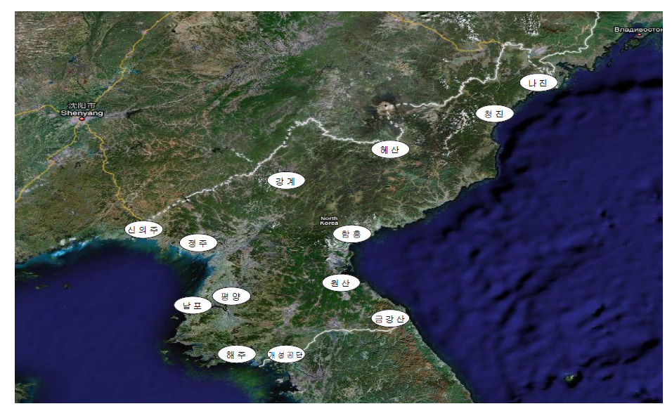 남북 황사공동측정 및 조기경보망의 북한지역 후보도시
