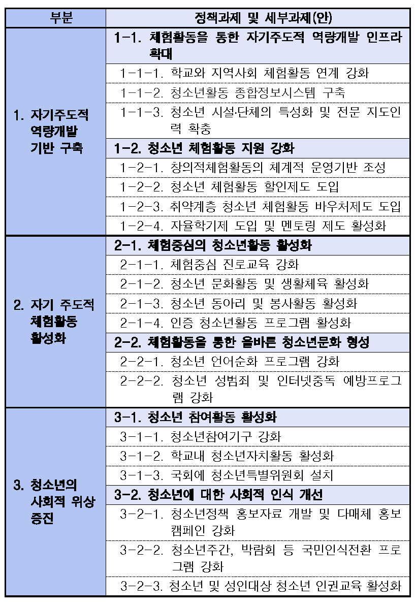 정책과제 및 세부과제(안)