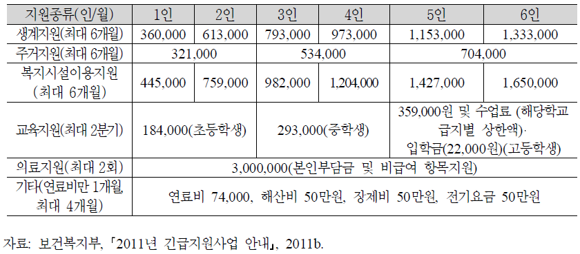 2011년 긴급지원사업 서비스내용