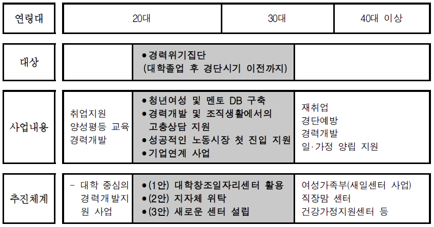 지역사회 청년여성 경력개발 지원사업 체계(안)