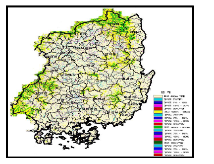 낙동강 표고별․경사별 밭 분포