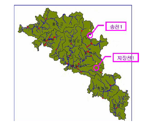 평창군,정선군의 SS 기준 초과 수질측정지점