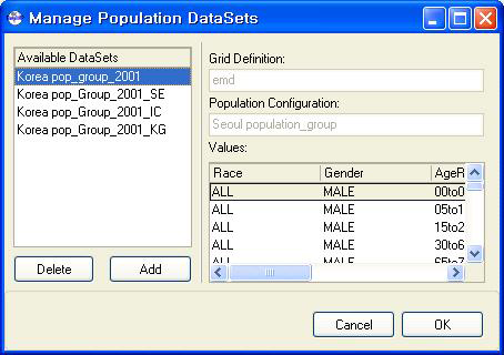 분석대상지역의 인구자료 정의 화면(예: 2001년 수도권 인구)