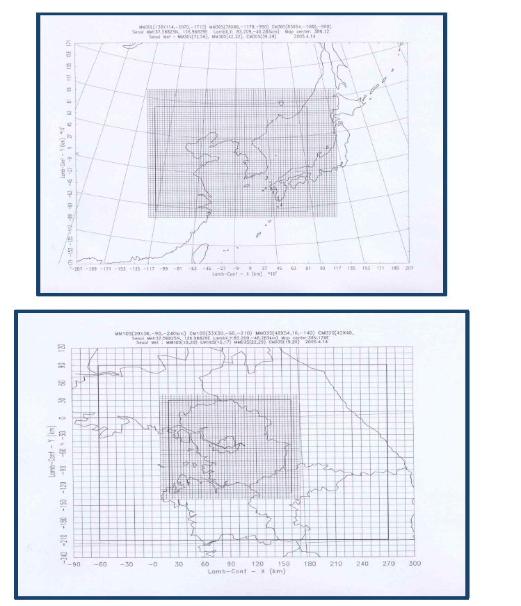 MM5와 CMAQ의 모델링 도메인(위: 30km, 아래: 10km, 3.333km)