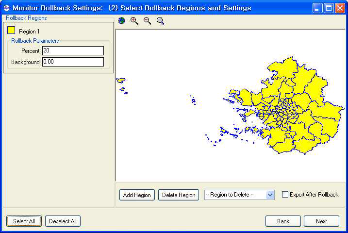 Monitor Rollback Setting - Select Rollback Regions and Settings 화면