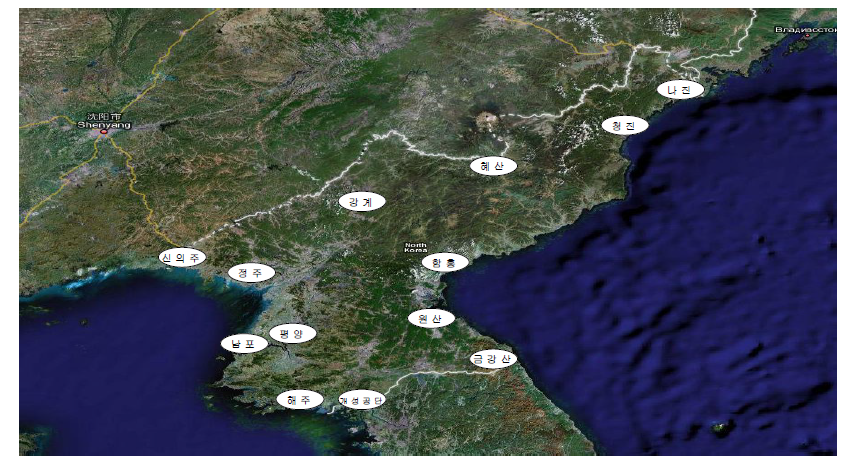 북한지역내 황사 공동관측망 후보대상 지역