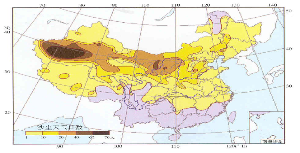 중국의 매년 황사발생일수 공간분포도(1961-2000)