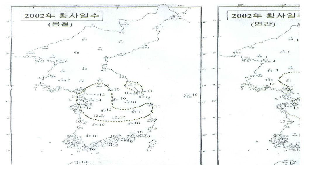 2002년 남북한의 황사 발생일수 현황 비교