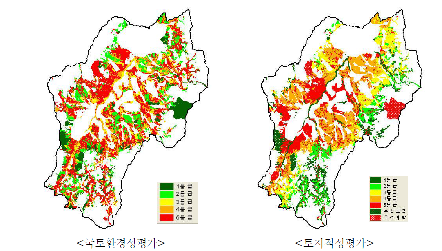 동일 지역에 대한 국토환경성평가와 토지적성평가 결과(안) 비교