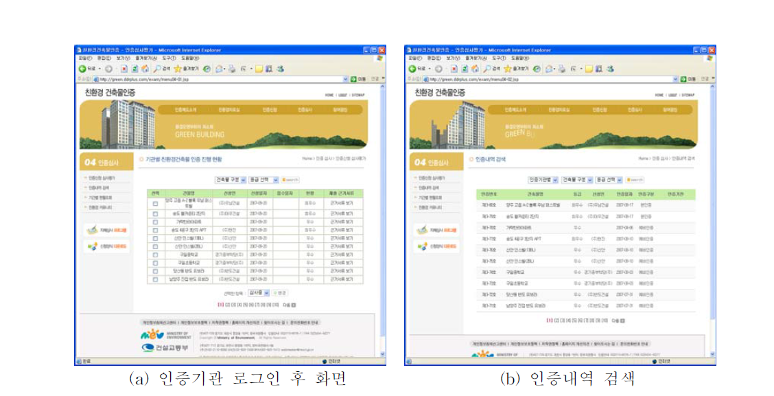 인증기관 로그인 후 및 인증내역 검색 화면