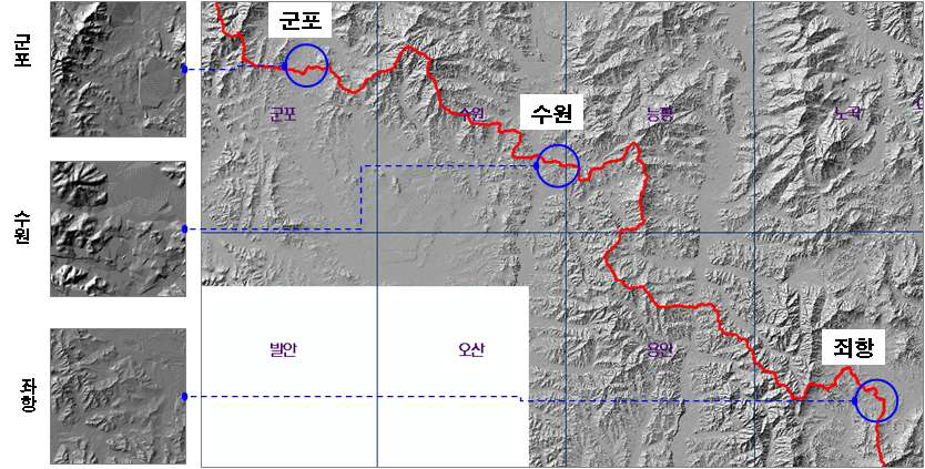 한남정맥의 음영기복도 분석 사례(파란원은 당초 잔류구간 지역)