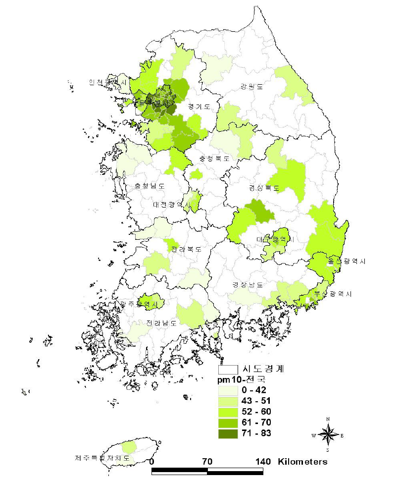 2005년도 전국 PM10연평균 농도 분포도