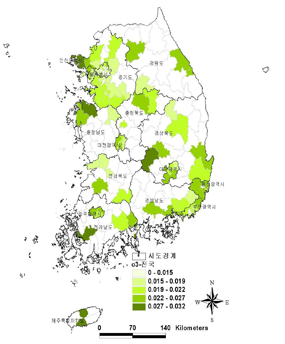 2005년도 전국 O3연평균 농도 분포도