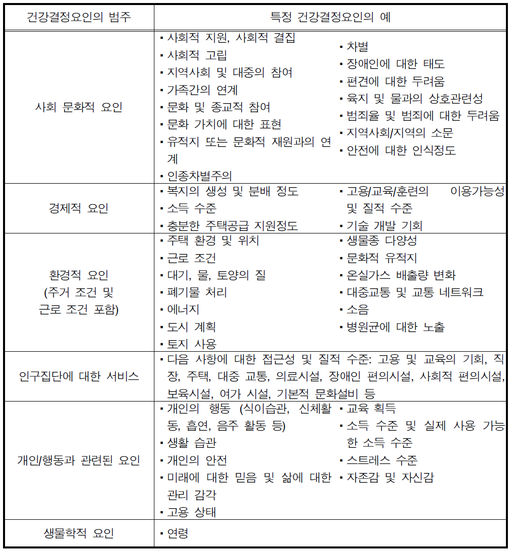 건강결정요인의 범주별 예시