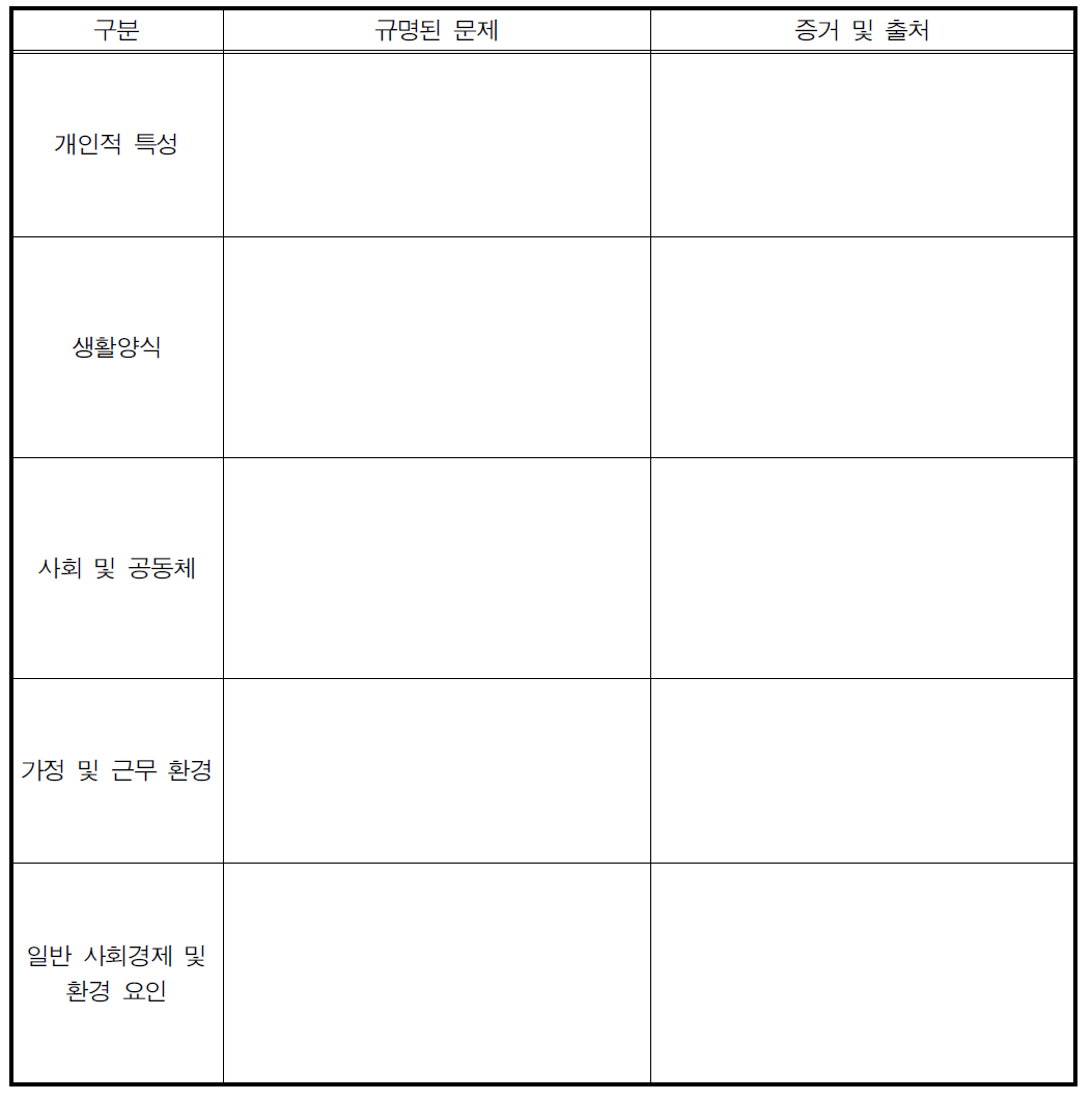 범주별로 규명된 문제 및 증거 정리