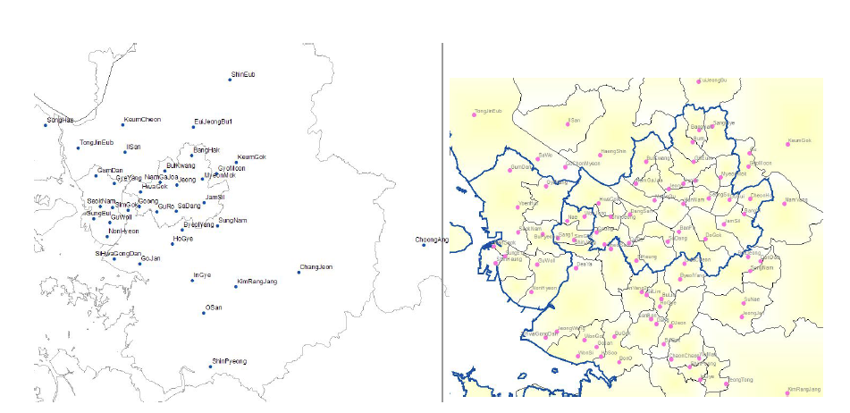 Locations of surface measurement sites to evaluate CMAQ performances. The 37 sites (right) are selected to evaluate simulation results