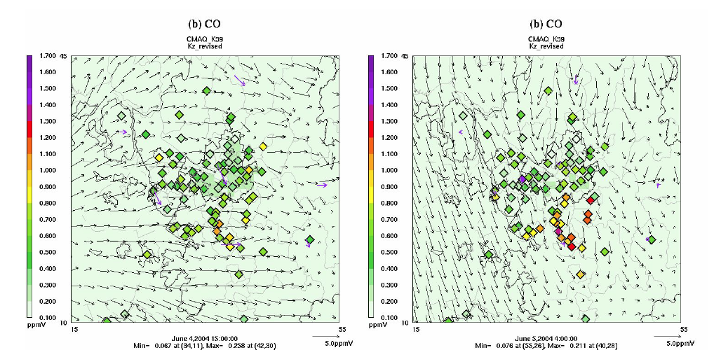 Snapshots of CO concentrations at June 4, 2004 at 15 KST (left) and June 5, 2004 at 4 KST (right)