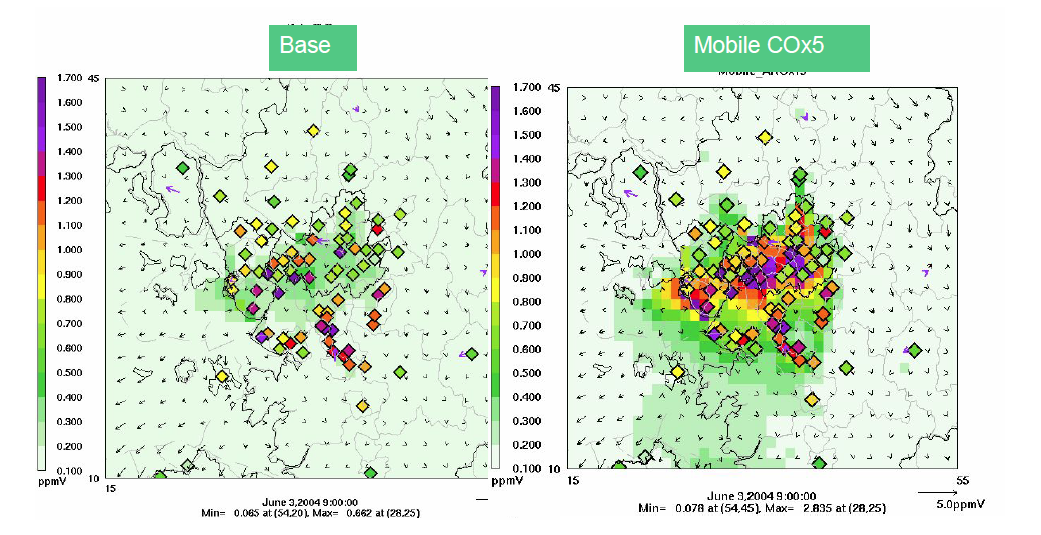 Snapshots of CO concentrations simulated with base emissions (left) and five‐times increased mobile CO emissions (right) at June 3, 2004 at 9 KST