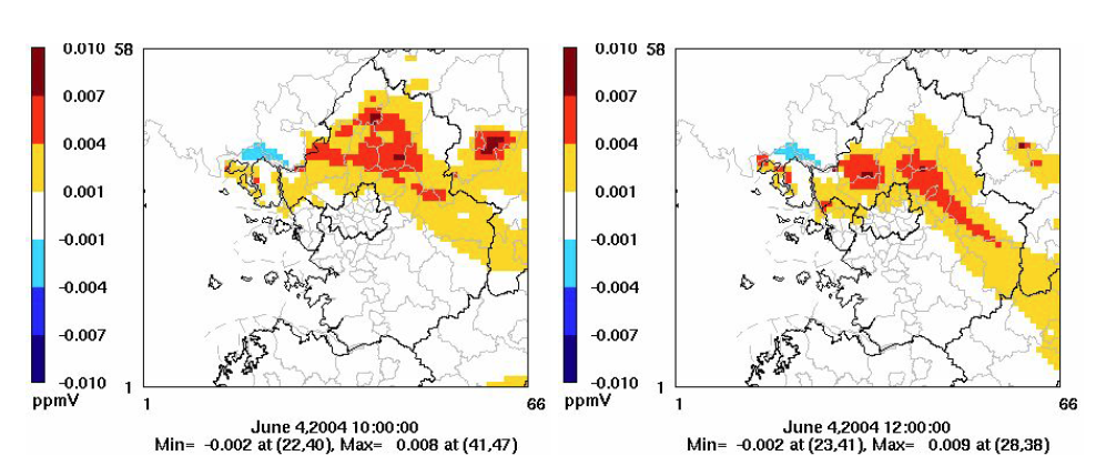 Differences in ozone concentrations simulated with and without North Korea biogenic emissions for June 4, 2004 at 10 KST (left) and 12 KST (right)