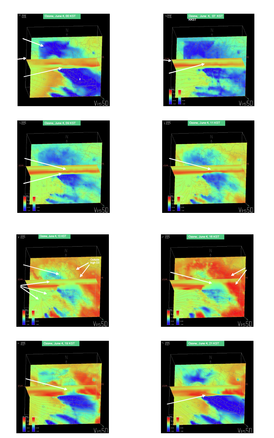 Vertical and horizontal contours of ozone concentrations for June 4, 2004