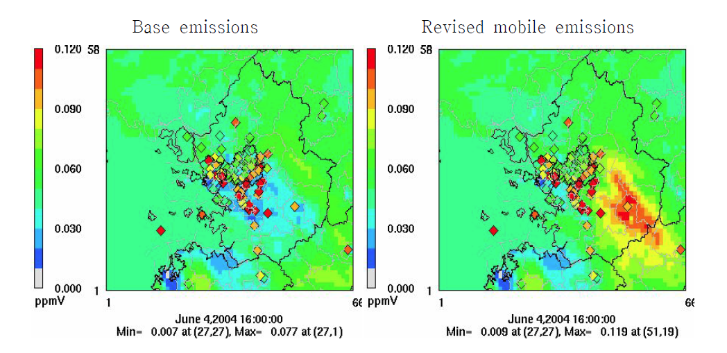 Snapshots of ozone concentrations before and after mobile emission revisions; 50% NOx reduction and 10‐times increased TOL and XYL emissions