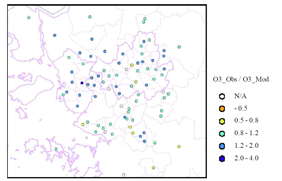 Ratios of hourly observed O3 to simulated O3 at each observation sites