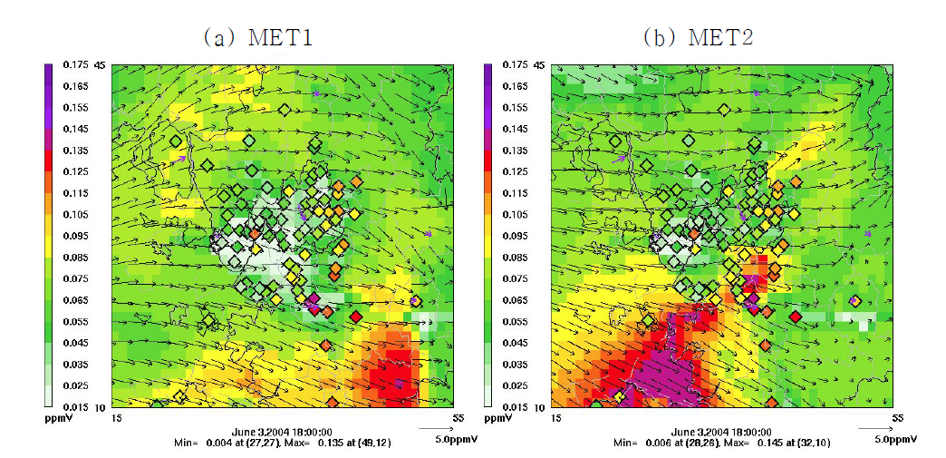 Ozone spatial plots for June 3rd, 2004 at 18 KST simulated with different meteorology inputs