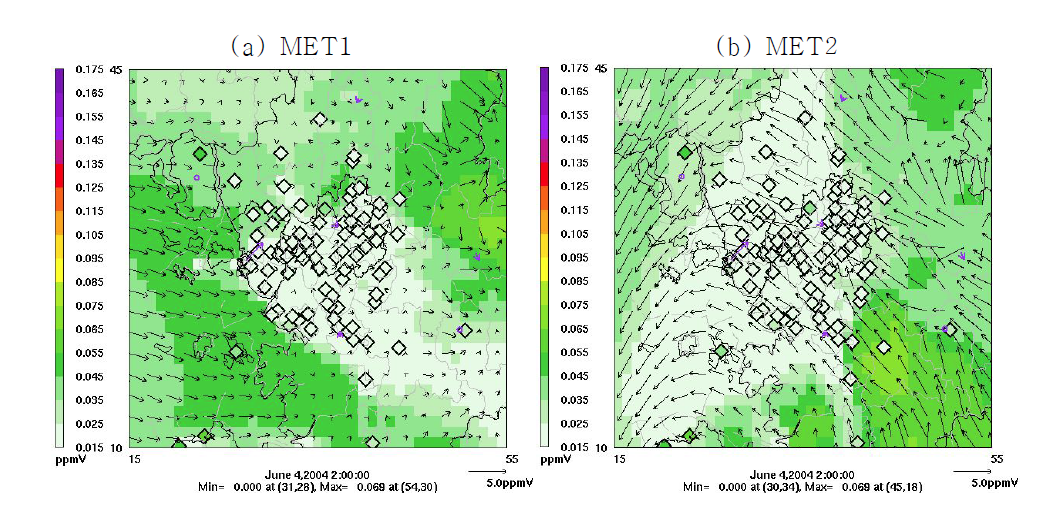 Ozone spatial plots for June 4th, 2004 at 02 KST simulated with different meteorology inputs