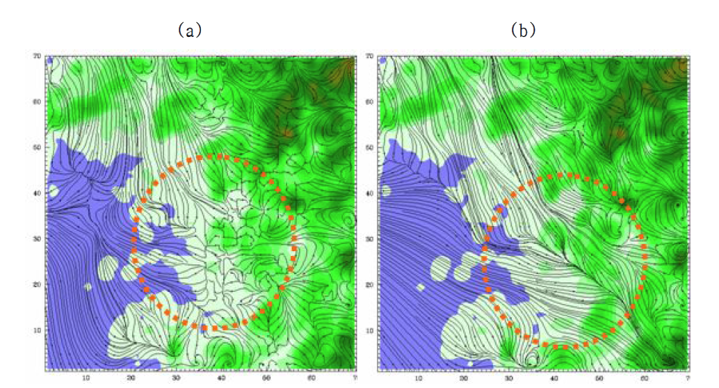 The horizontal distribution of wind stream line using Di_EGIS for June 4, 2004 at (a) 12LST and (b) 18LST