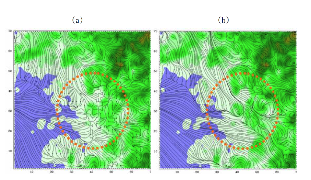 The horizontal distribution of wind stream line using RL_EGIS for June 4, 2004 at (a) 12LST and (b) 18LST