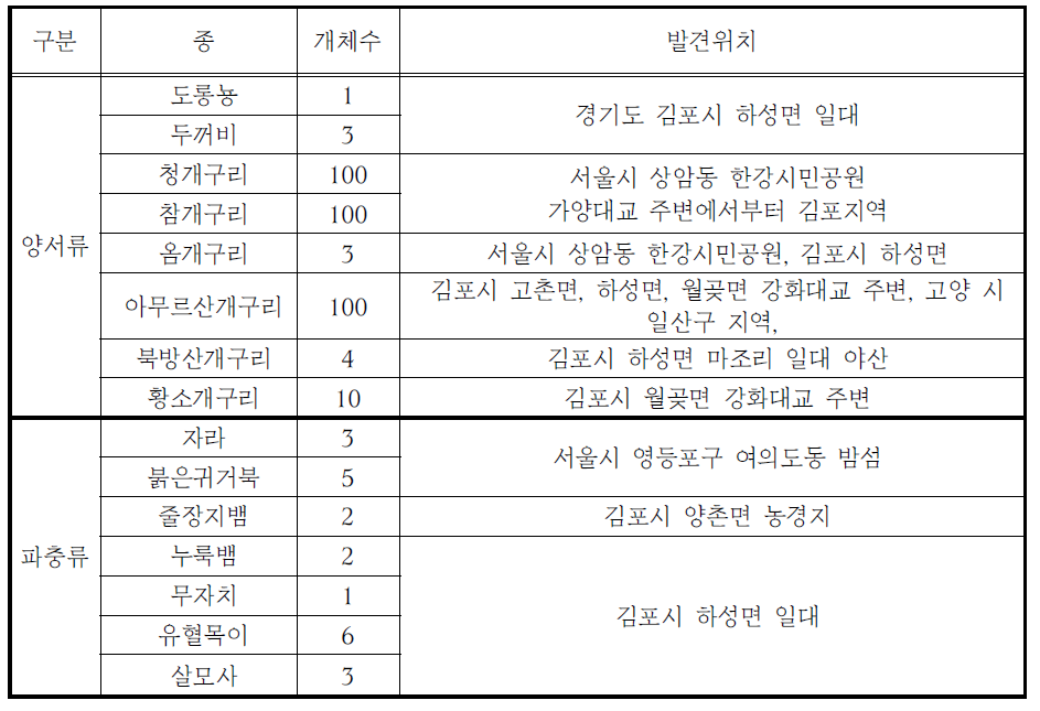 한강 하구역에서 발견된 양서 ․ 파충류 종 및 개체수