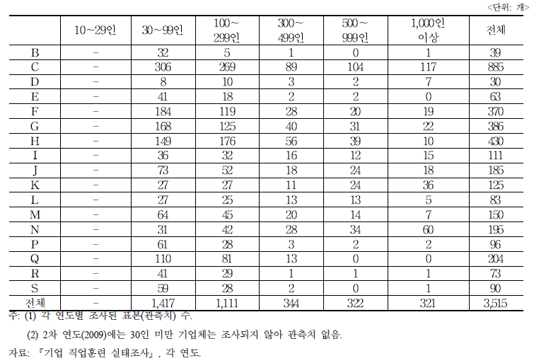 2차 연도 업종/규모별 관측치 테이블 (2009년)