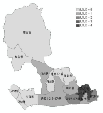 종로구 동별 봉제산업 특화도(기준:서울 사업체수)