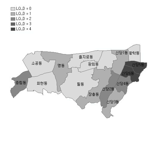 중구 동별 봉제산업 특화도(기준:서울 사업체수)