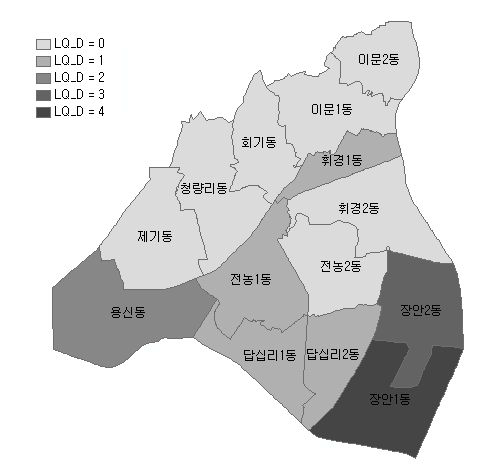 동대문구 동별 봉제산업 특화도(기준:서울 사업체수)