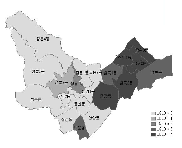 성북구 동별 봉제산업 특화도(기준:서울 사업체수)