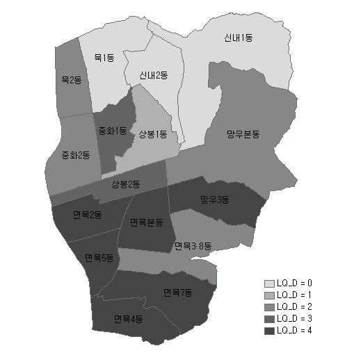 중랑구 동별 봉제산업 특화도(기준:서울 사업체수)