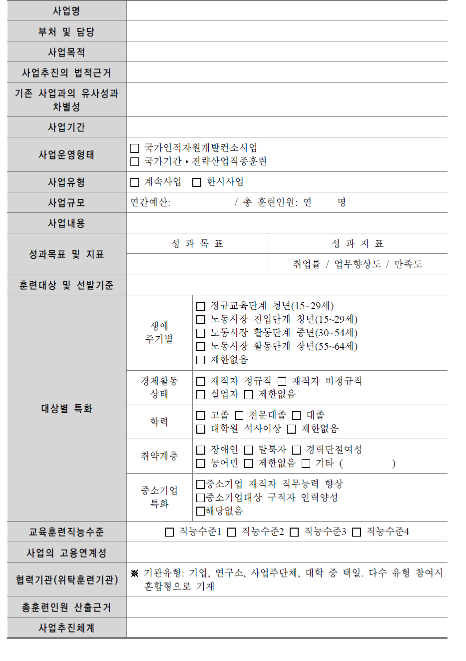 신규 국가인력양성⋅훈련사업 신청서