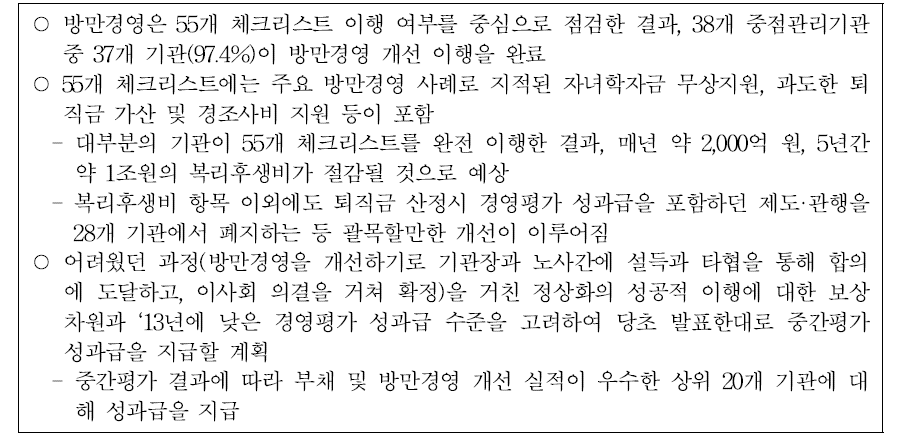 공공기관 정상화 중간평가 결과 주요 내용