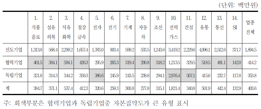 기업유형별 평균 자본집약도