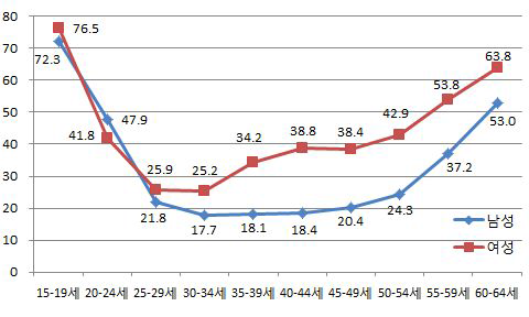 성별 연령계층별 임금근로자중 비정규직 비율 분포(2013년 8월)