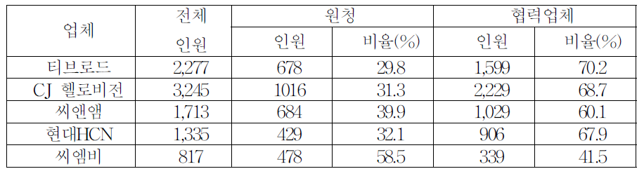 2013년 주요 케이블방송업체별 간접고용 현황