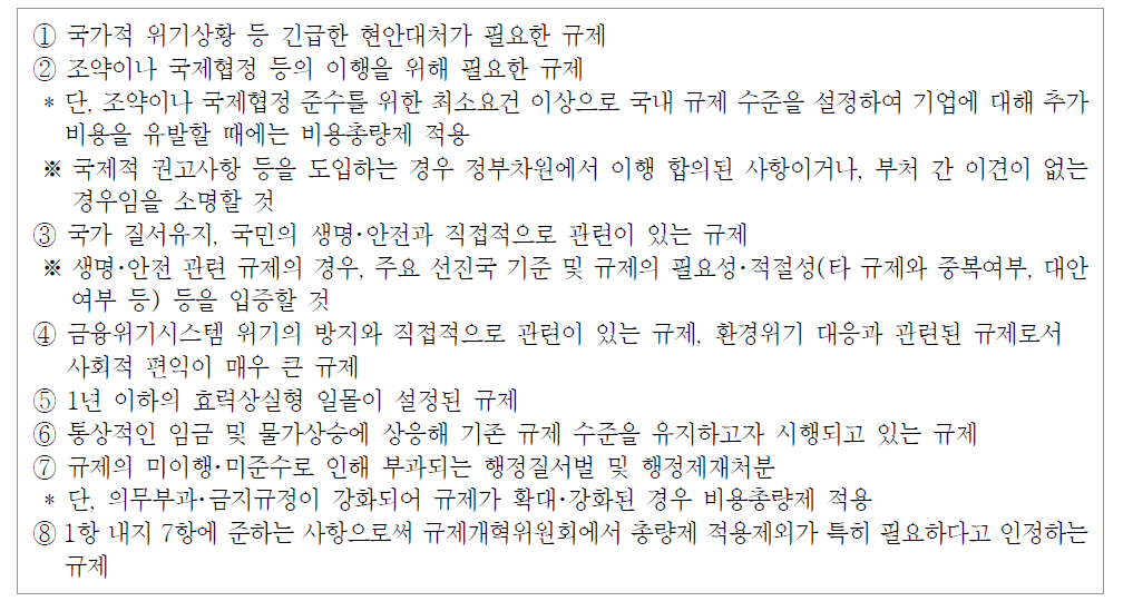 규제비용총량제 적용 제외 대상의 기준